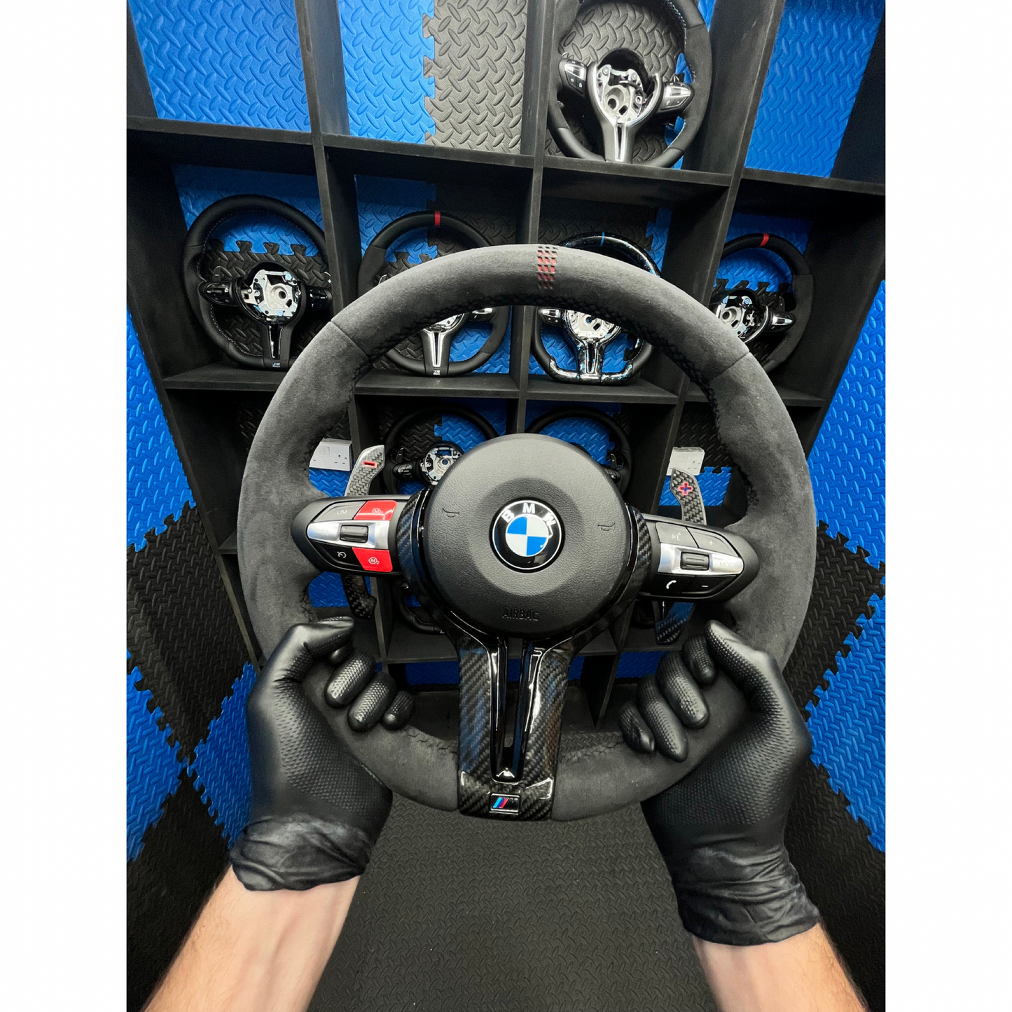 Bmw steering wheel without the m1 and m2 in gloss black buttons +heated and lane assist+ Alcantara airbag + grey stripe