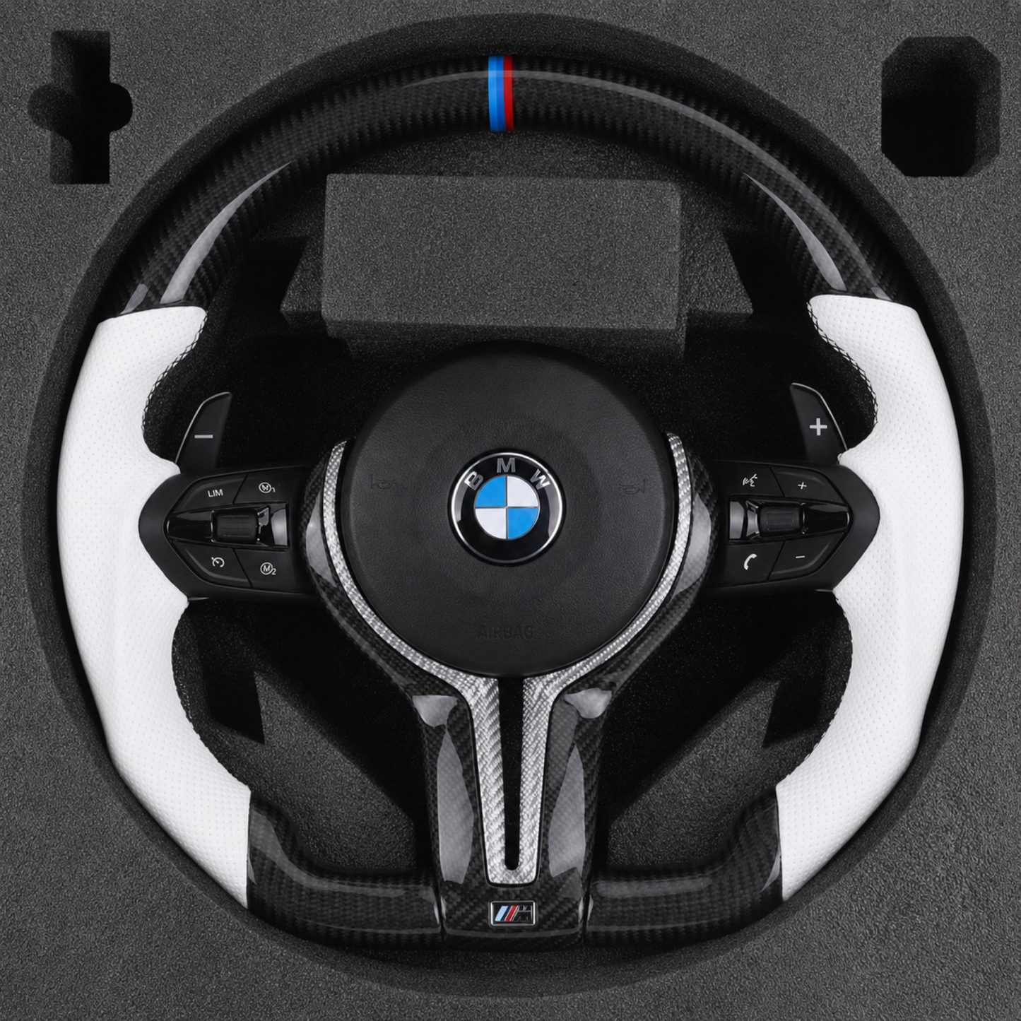 BMW F series Gloss Black & carbon Flat Bottom Steering Wheel – White leather