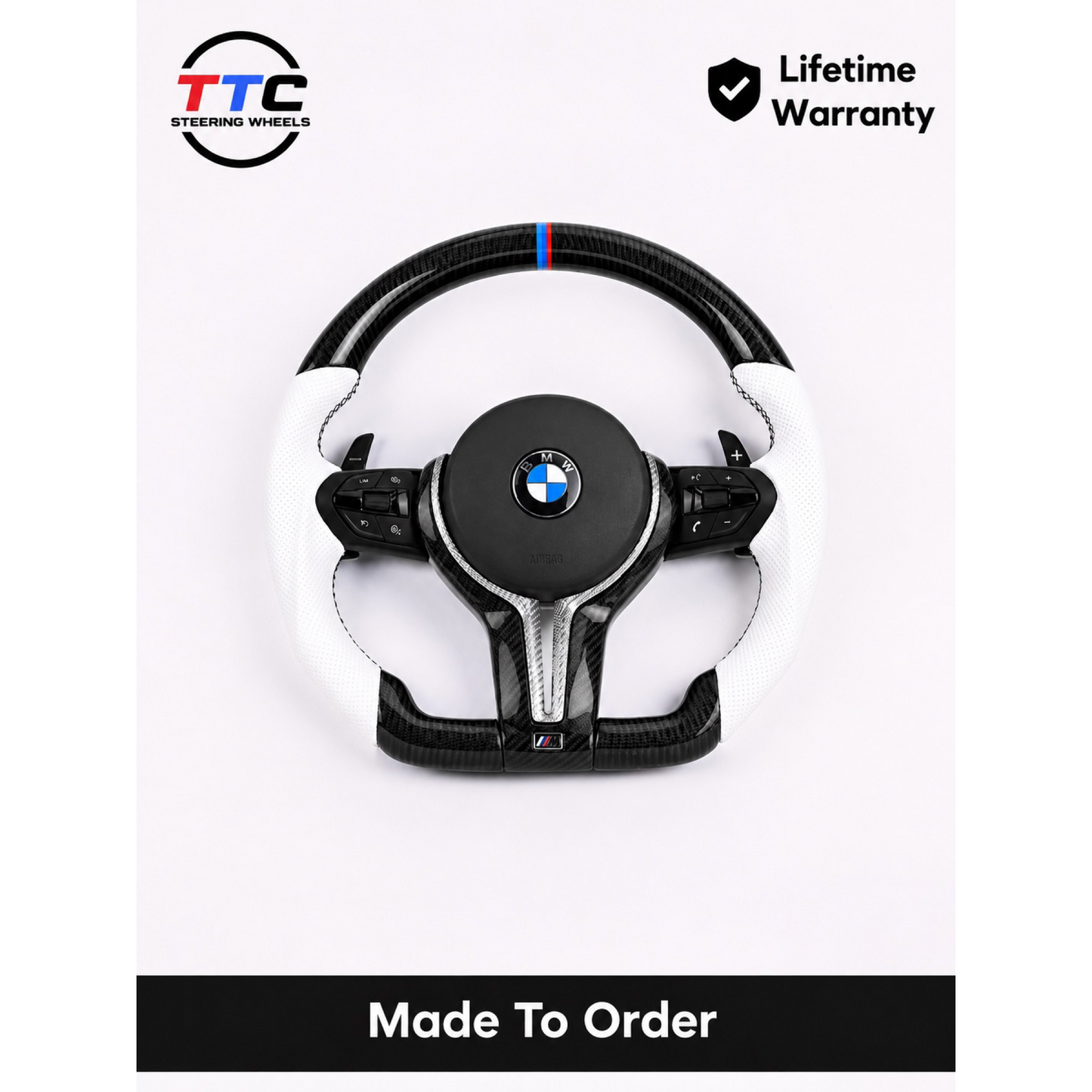 BMW F series Gloss Black & carbon Flat Bottom Steering Wheel – White leather