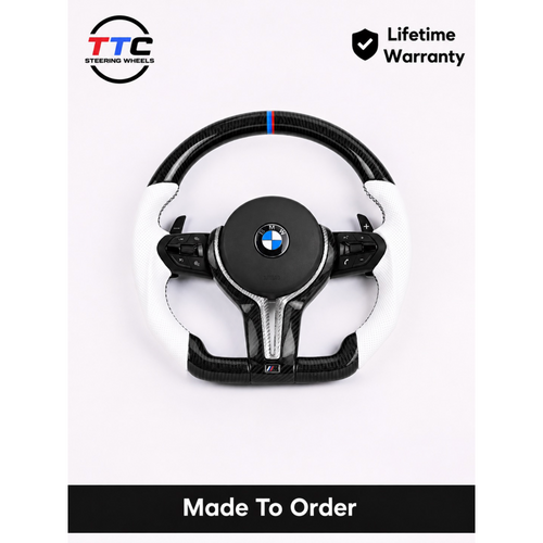 BMW F series Gloss Black & carbon Flat Bottom Steering Wheel – White leather
