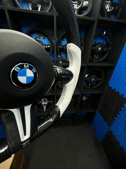 BMW F series Gloss Black & carbon Flat Bottom Steering Wheel – White leather