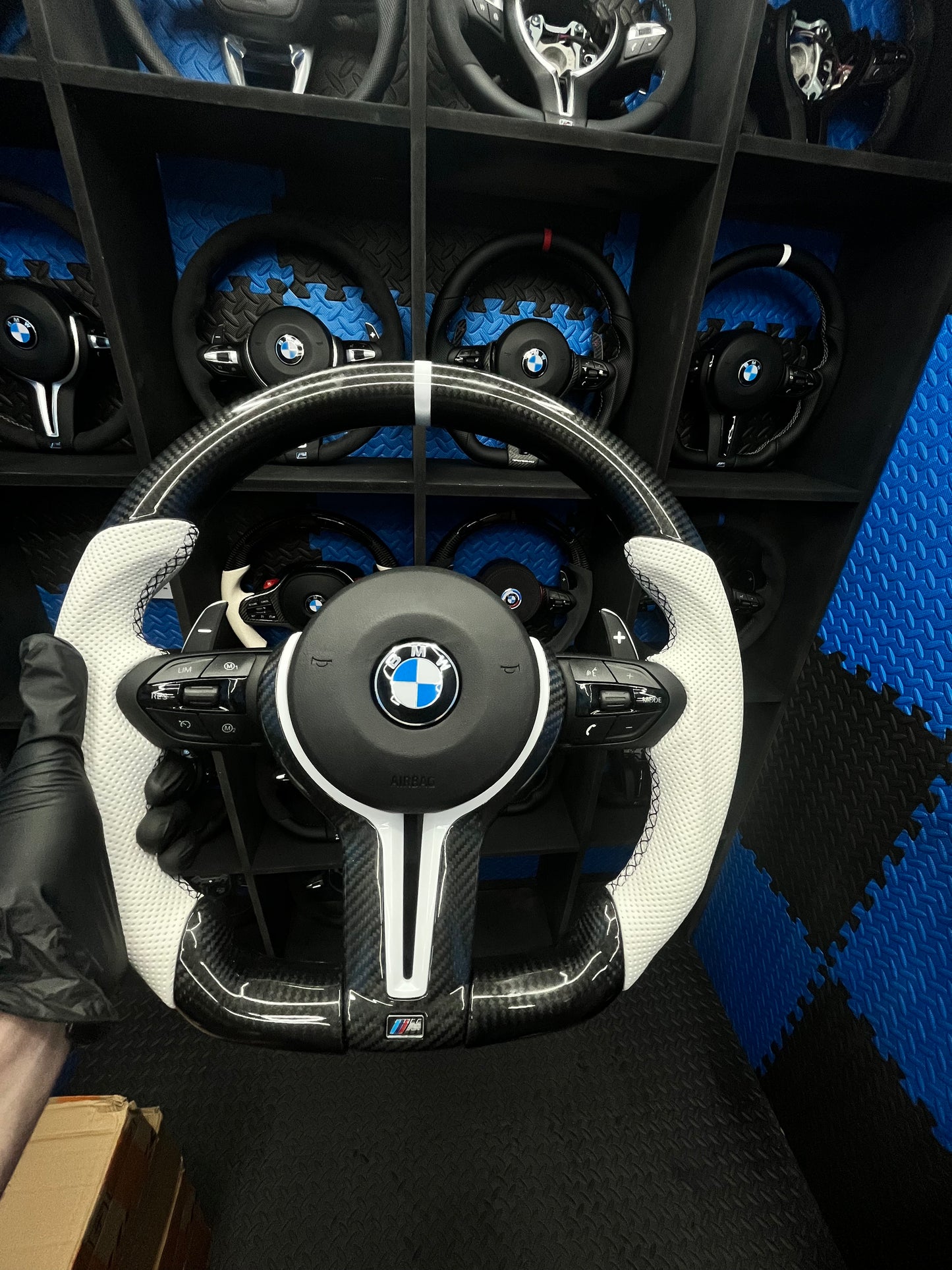 BMW F series Gloss Black & carbon Flat Bottom Steering Wheel – White leather