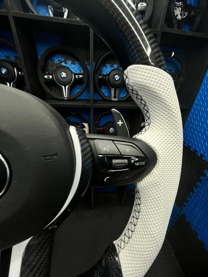 BMW F series Gloss Black & carbon Flat Bottom Steering Wheel – White leather